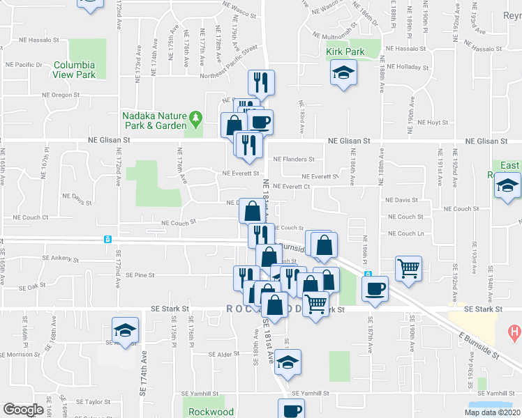 map of restaurants, bars, coffee shops, grocery stores, and more near 155 Northeast 181st Avenue in Portland