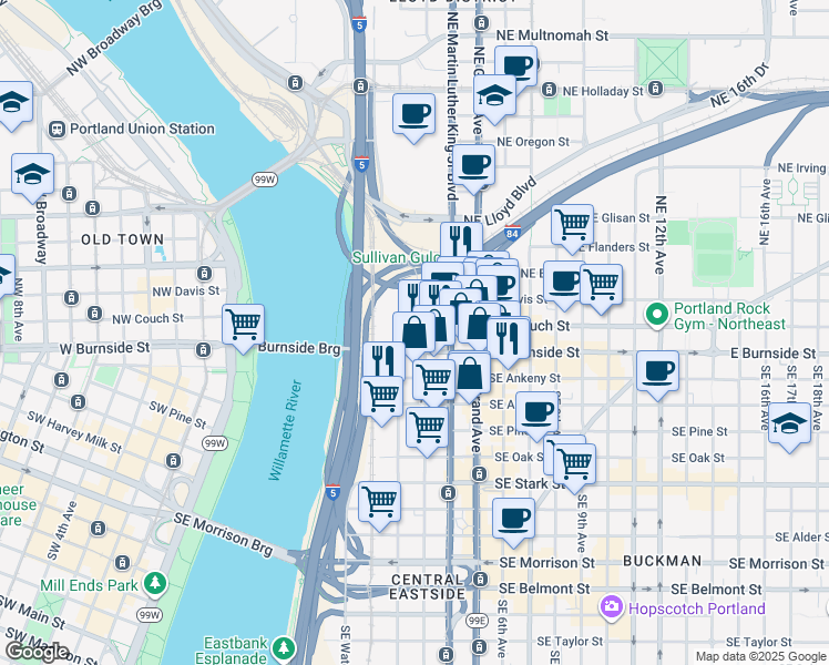 map of restaurants, bars, coffee shops, grocery stores, and more near 33 Northeast Martin Luther King Junior Boulevard in Portland