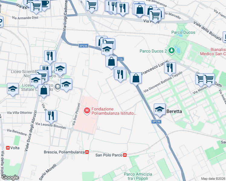 map of restaurants, bars, coffee shops, grocery stores, and more near 45 Via Paolo Veronese in Brescia
