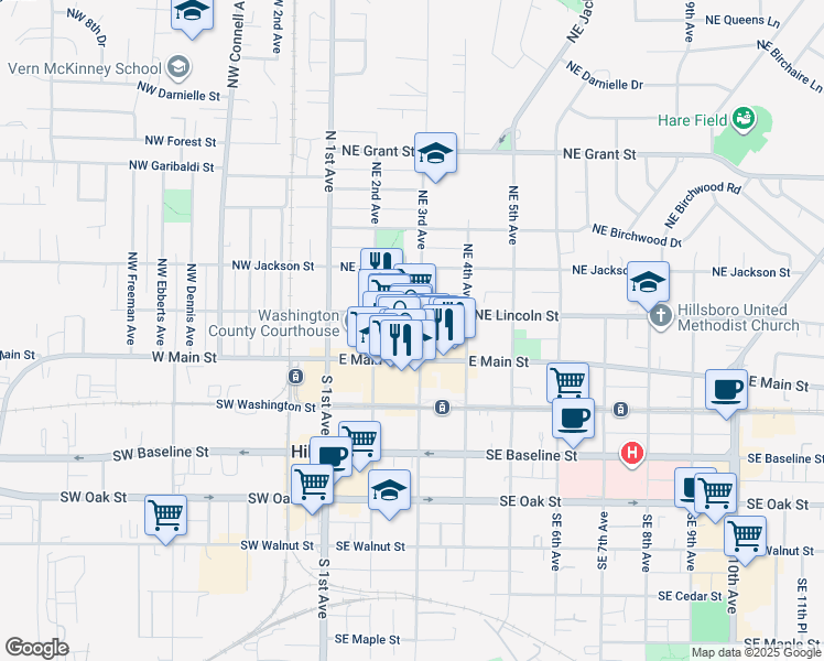 map of restaurants, bars, coffee shops, grocery stores, and more near 171 Northeast 3rd Avenue in Hillsboro