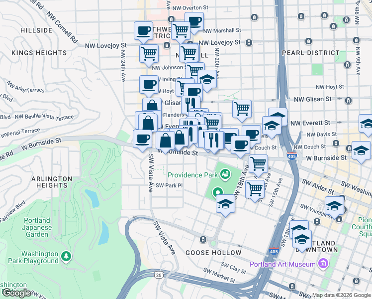 map of restaurants, bars, coffee shops, grocery stores, and more near 2139 West Burnside Street in Portland