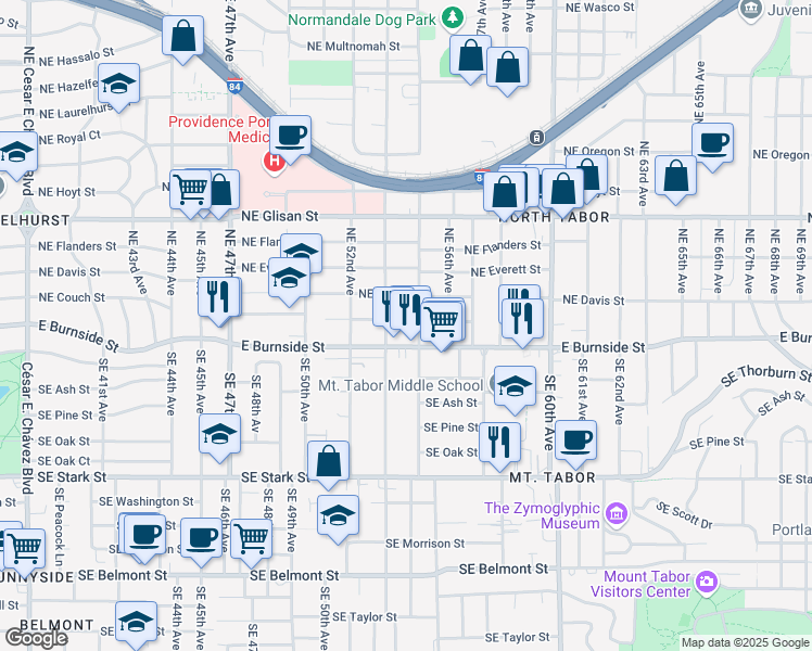 map of restaurants, bars, coffee shops, grocery stores, and more near 5406 Northeast Couch Street in Portland