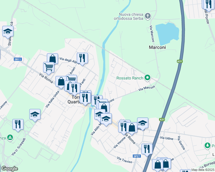 map of restaurants, bars, coffee shops, grocery stores, and more near 41 Via dei Marinai in Torri di Quartesolo