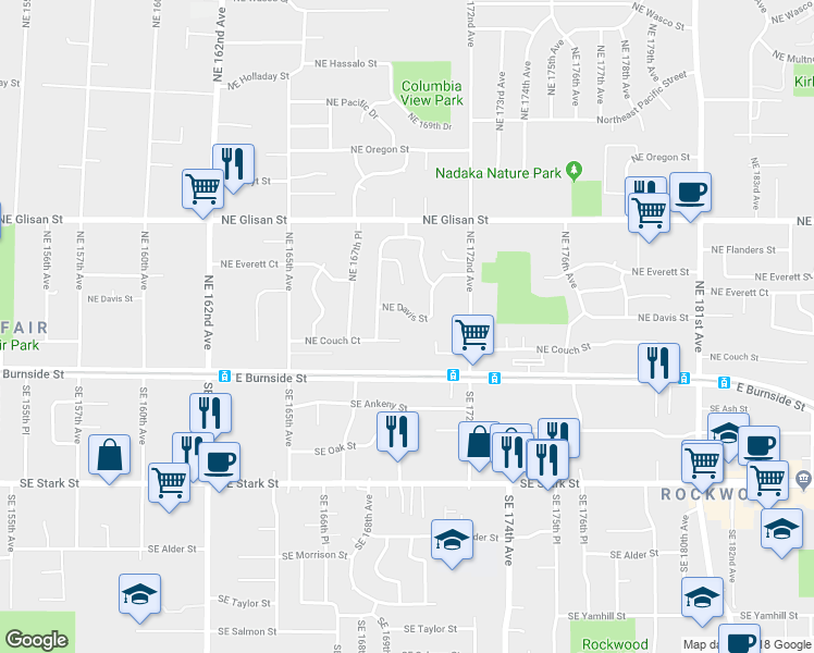 map of restaurants, bars, coffee shops, grocery stores, and more near 16936 Northeast Davis Street in Portland