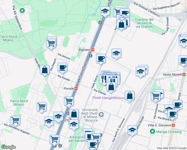 map of restaurants, bars, coffee shops, grocery stores, and more near 235 Viale Sarca in Milano