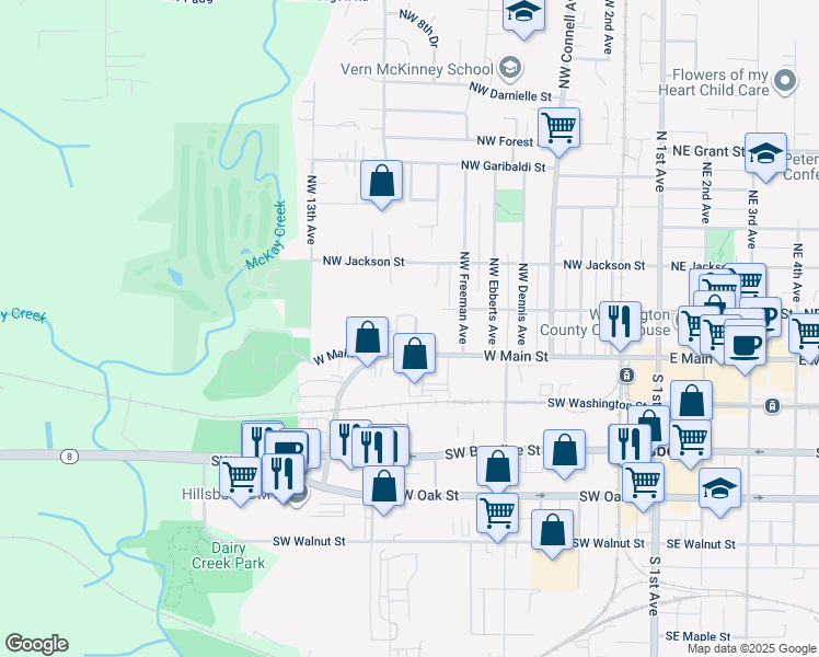 map of restaurants, bars, coffee shops, grocery stores, and more near 165 Northwest Western Way in Hillsboro