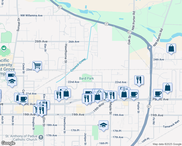map of restaurants, bars, coffee shops, grocery stores, and more near 2917 Kingwood Street in Forest Grove