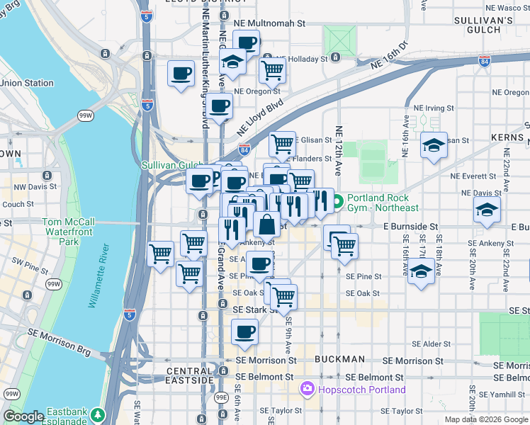 map of restaurants, bars, coffee shops, grocery stores, and more near 732 Northeast Couch Street in Portland