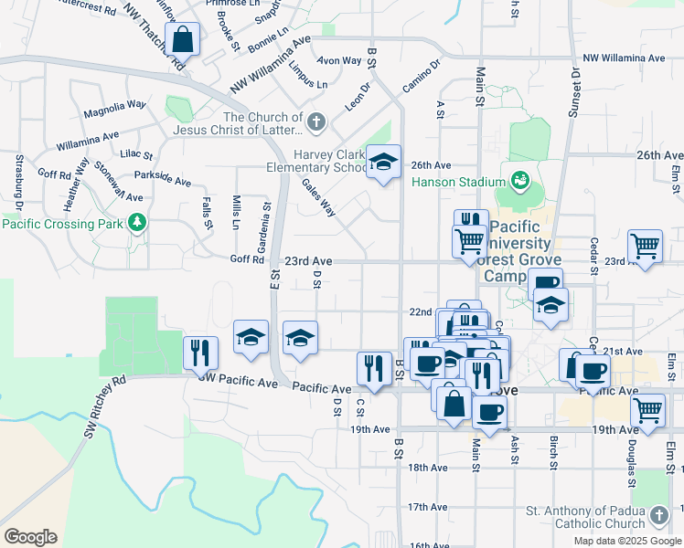 map of restaurants, bars, coffee shops, grocery stores, and more near 1637 22nd Place in Forest Grove