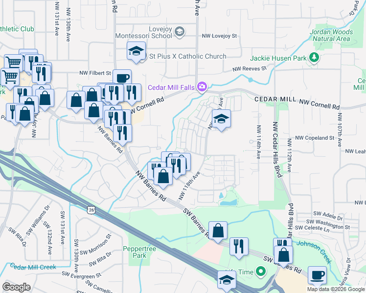 map of restaurants, bars, coffee shops, grocery stores, and more near 545 Northwest Lost Springs Terrace in Portland