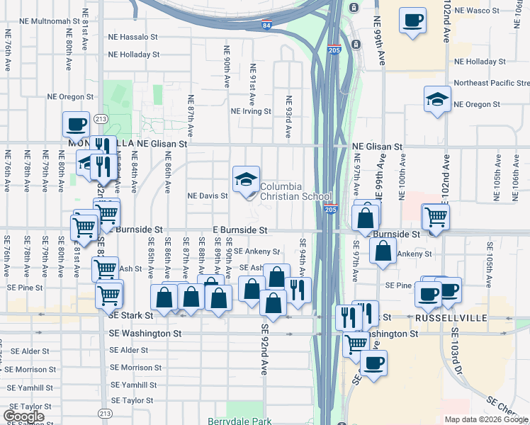 map of restaurants, bars, coffee shops, grocery stores, and more near 205 Northeast 92nd Avenue in Portland
