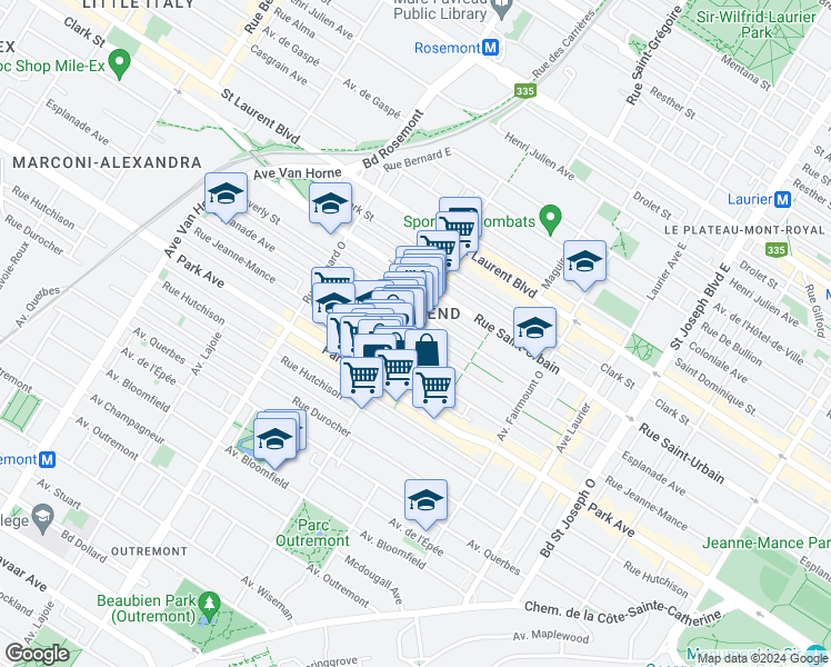 map of restaurants, bars, coffee shops, grocery stores, and more near 5485 Avenue de l'Esplanade in Montréal
