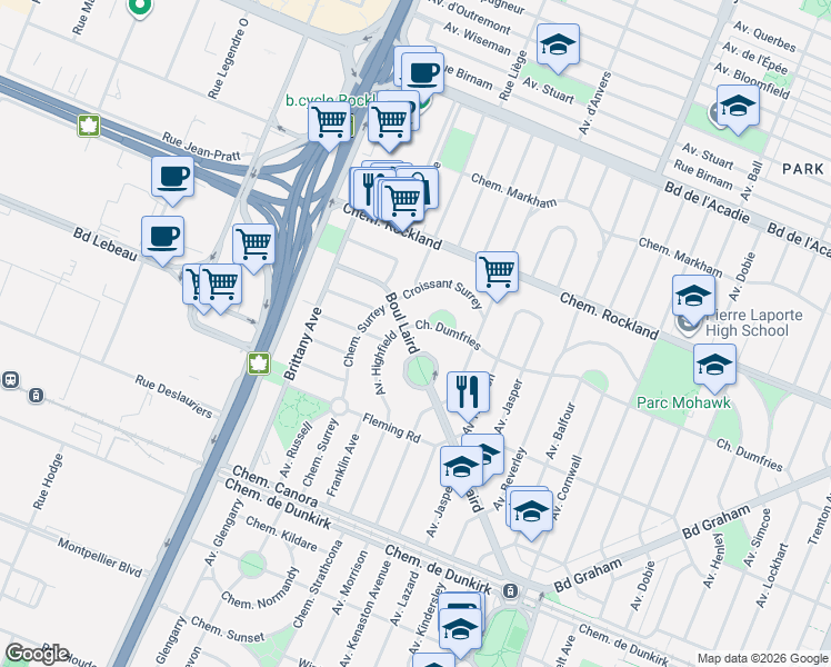 map of restaurants, bars, coffee shops, grocery stores, and more near 1980 Boulevard Laird in Mont-Royal