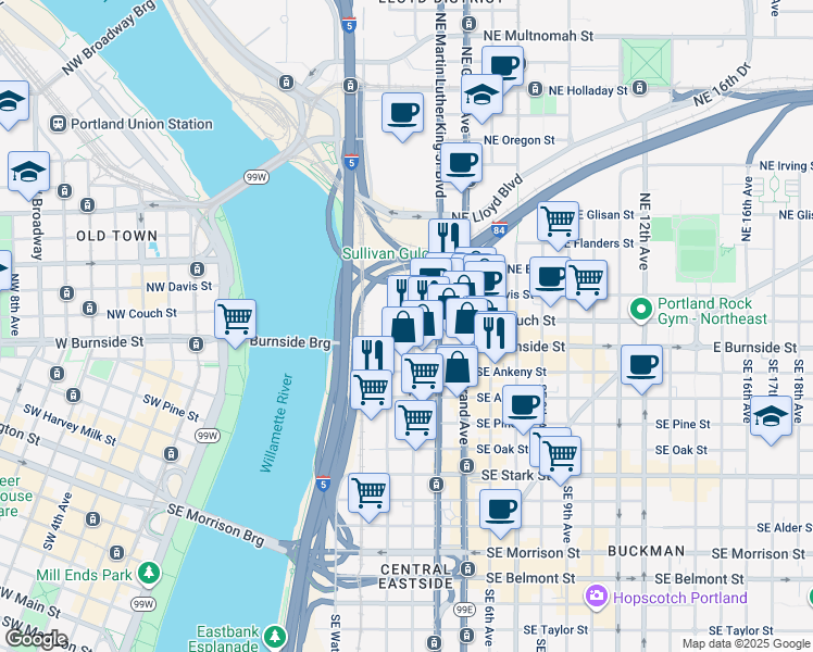 map of restaurants, bars, coffee shops, grocery stores, and more near 123 Northeast 3rd Avenue in Portland