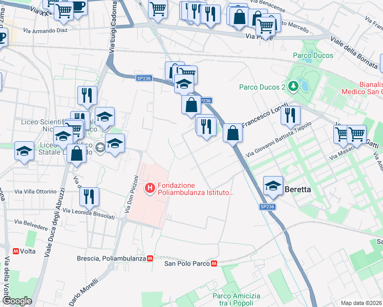 map of restaurants, bars, coffee shops, grocery stores, and more near 45 Via Paolo Veronese in Brescia