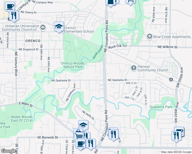 map of restaurants, bars, coffee shops, grocery stores, and more near 7635 Northeast Prefontaine Street in Hillsboro