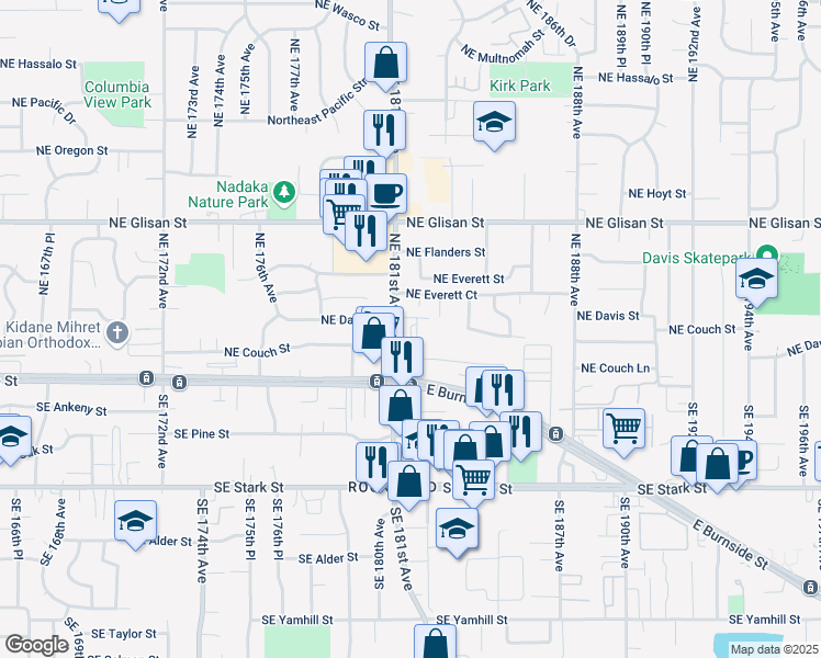map of restaurants, bars, coffee shops, grocery stores, and more near 124 South Northeast 181st Avenue in Portland