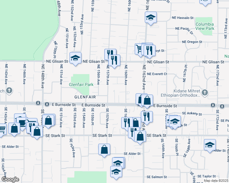 map of restaurants, bars, coffee shops, grocery stores, and more near 15850 Northeast Davis Street in Portland