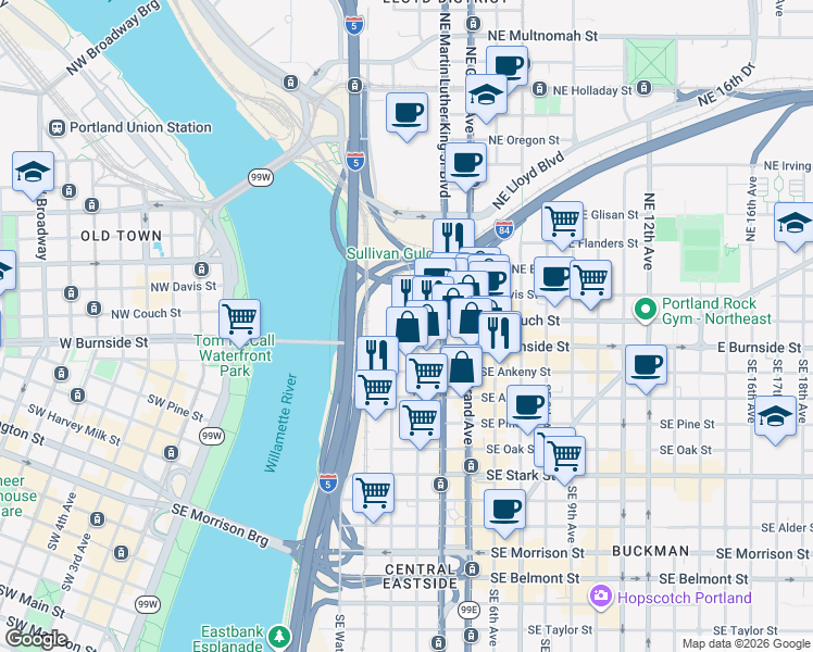map of restaurants, bars, coffee shops, grocery stores, and more near in Portland