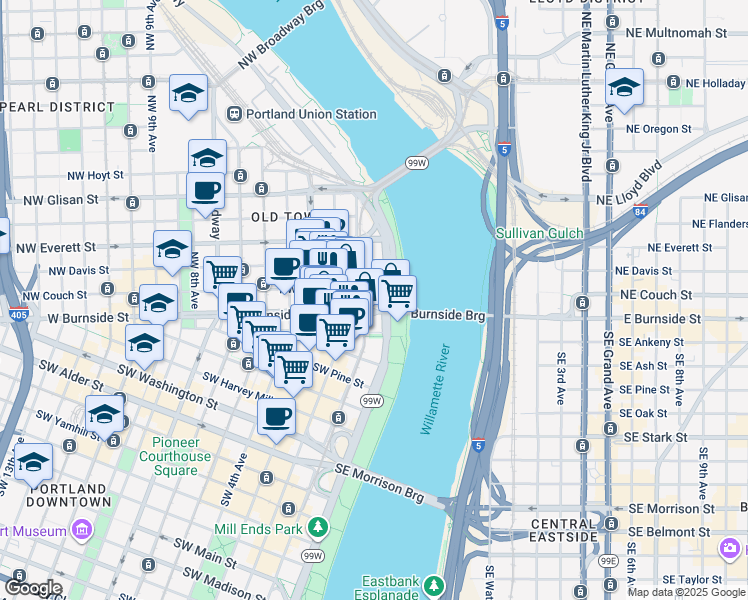 map of restaurants, bars, coffee shops, grocery stores, and more near in Portland