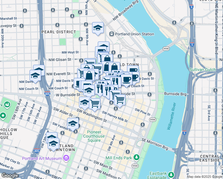 map of restaurants, bars, coffee shops, grocery stores, and more near 204 Southwest 8th Avenue in Portland