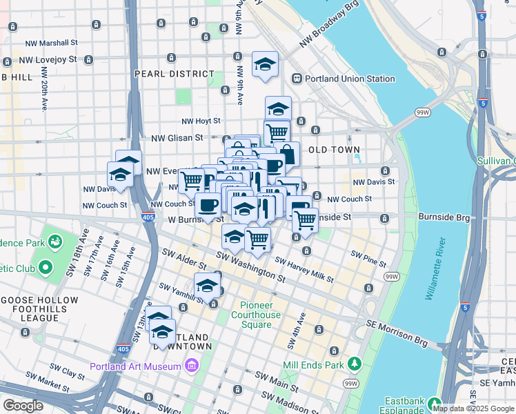 map of restaurants, bars, coffee shops, grocery stores, and more near in Portland