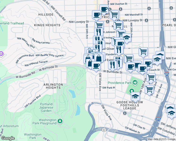 map of restaurants, bars, coffee shops, grocery stores, and more near 2368 West Burnside Street in Portland