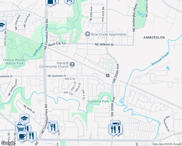 map of restaurants, bars, coffee shops, grocery stores, and more near 8527 Northeast Quatama Street in Hillsboro