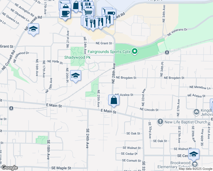 map of restaurants, bars, coffee shops, grocery stores, and more near 2668 Northeast Parkwood Street in Hillsboro