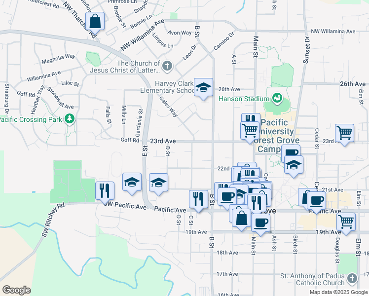 map of restaurants, bars, coffee shops, grocery stores, and more near 1637 22nd Place in Forest Grove