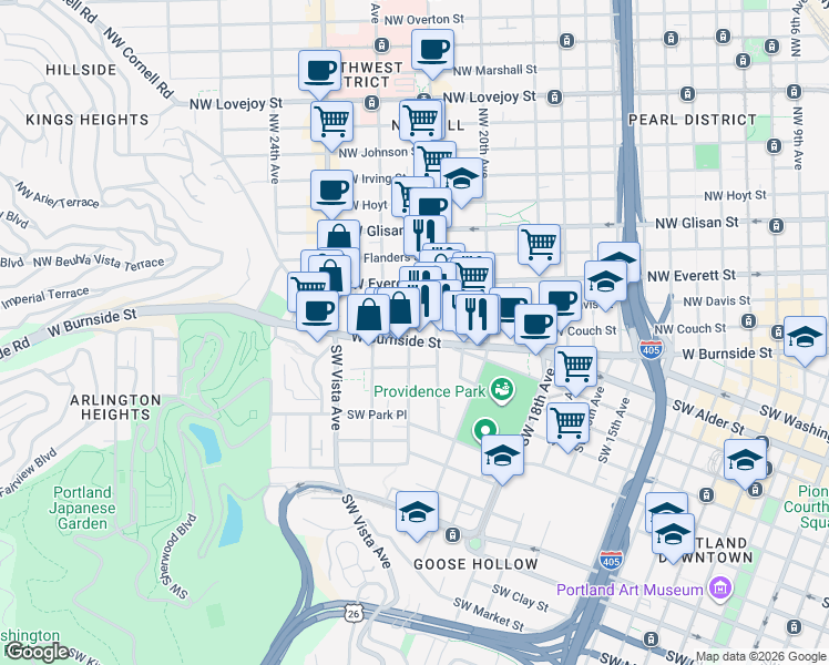 map of restaurants, bars, coffee shops, grocery stores, and more near 2139 West Burnside Street in Portland