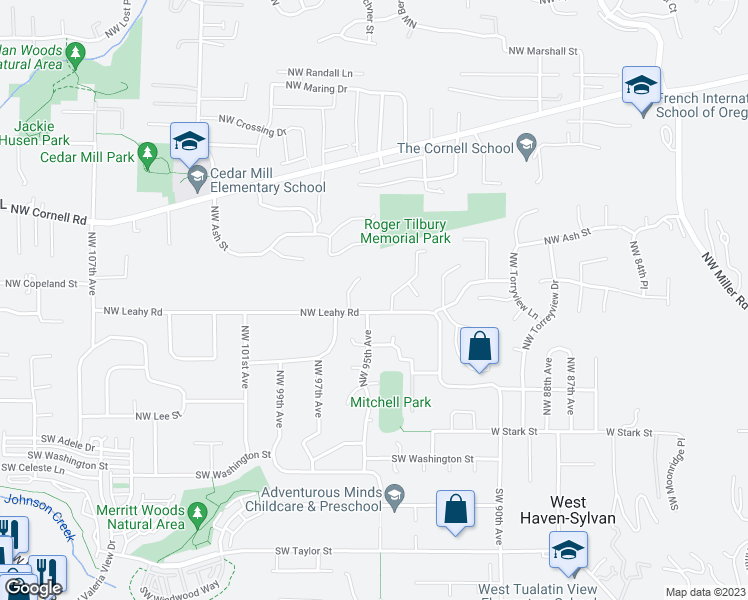 map of restaurants, bars, coffee shops, grocery stores, and more near 9507 Northwest Leahy Road in Portland