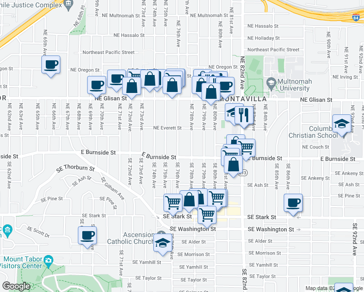 map of restaurants, bars, coffee shops, grocery stores, and more near 102 Northeast 76th Avenue in Portland