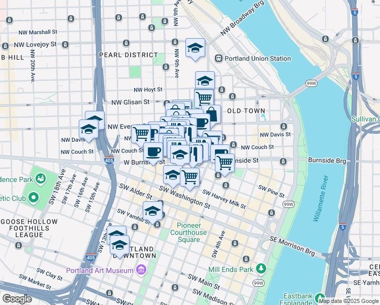 map of restaurants, bars, coffee shops, grocery stores, and more near 33 Northwest Park Avenue in Portland