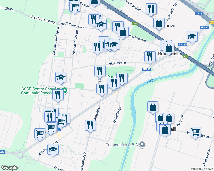 map of restaurants, bars, coffee shops, grocery stores, and more near 28 Via E. Braghini in Roncadelle