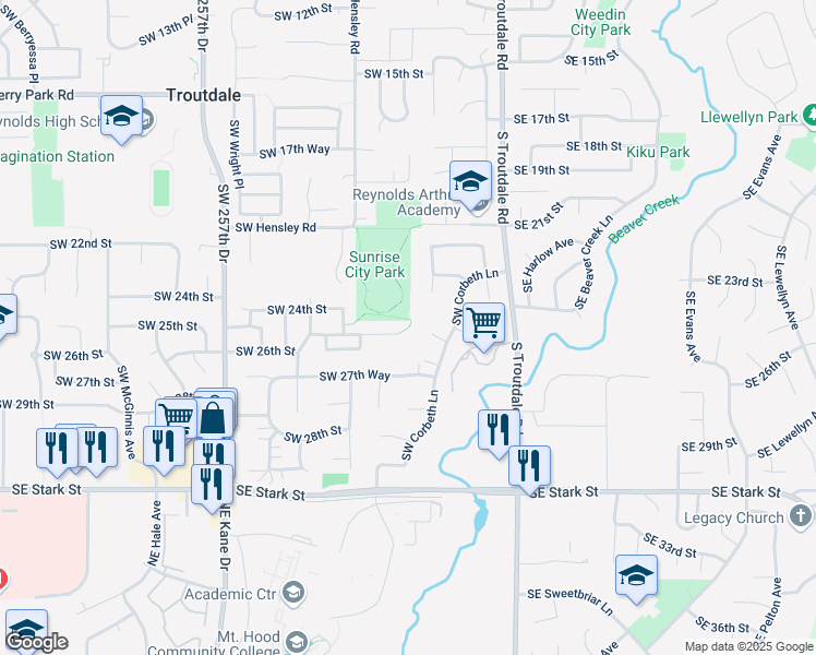 map of restaurants, bars, coffee shops, grocery stores, and more near 387 Southwest 25th Circle in Troutdale