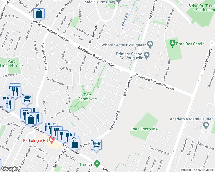 map of restaurants, bars, coffee shops, grocery stores, and more near 327 Rue Moquin in Longueuil