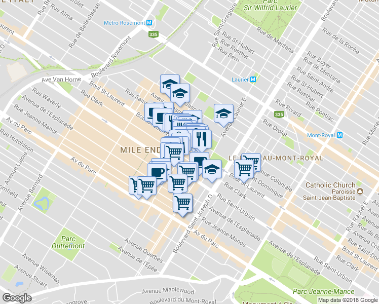 map of restaurants, bars, coffee shops, grocery stores, and more near 5178 Boulevard Saint-Laurent in Montréal