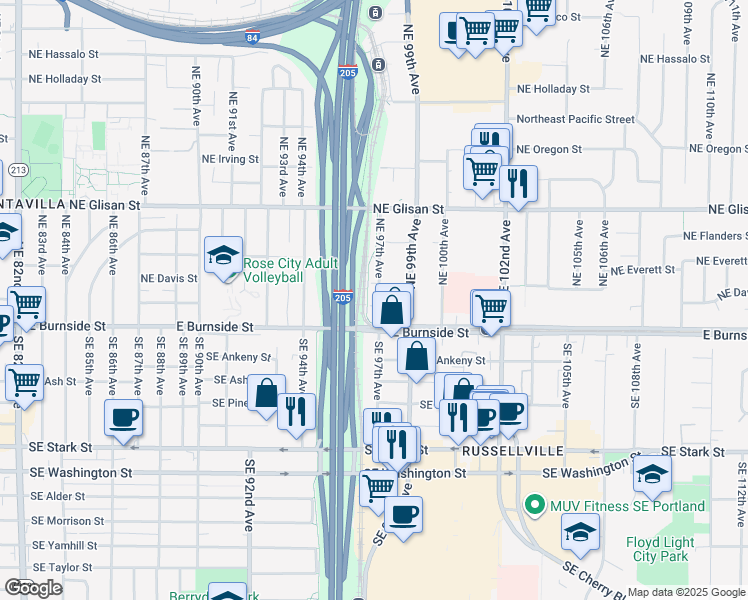 map of restaurants, bars, coffee shops, grocery stores, and more near 101 Northeast 97th Avenue in Portland