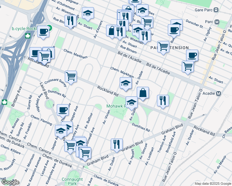 map of restaurants, bars, coffee shops, grocery stores, and more near 315 Avenue Vivian in Mount Royal