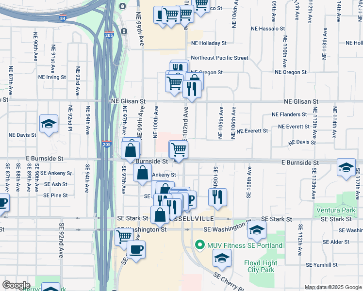 map of restaurants, bars, coffee shops, grocery stores, and more near 115 Northeast 102nd Avenue in Portland