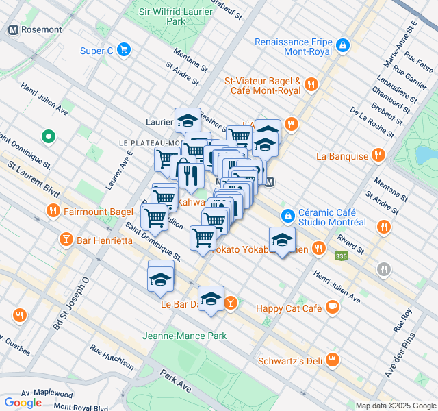 map of restaurants, bars, coffee shops, grocery stores, and more near 4607 Avenue Henri-Julien in Montréal