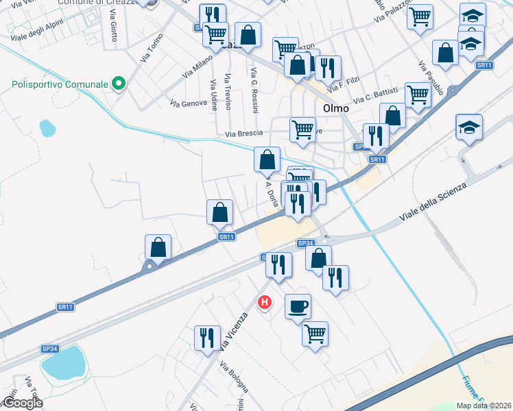map of restaurants, bars, coffee shops, grocery stores, and more near 14 Via Marco Polo in Creazzo