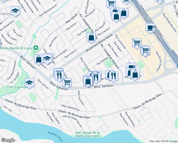map of restaurants, bars, coffee shops, grocery stores, and more near 620 Rue Toussaint in Laval