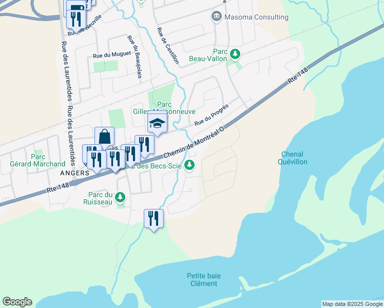 map of restaurants, bars, coffee shops, grocery stores, and more near 90 Rue des Balbuzards in Gatineau