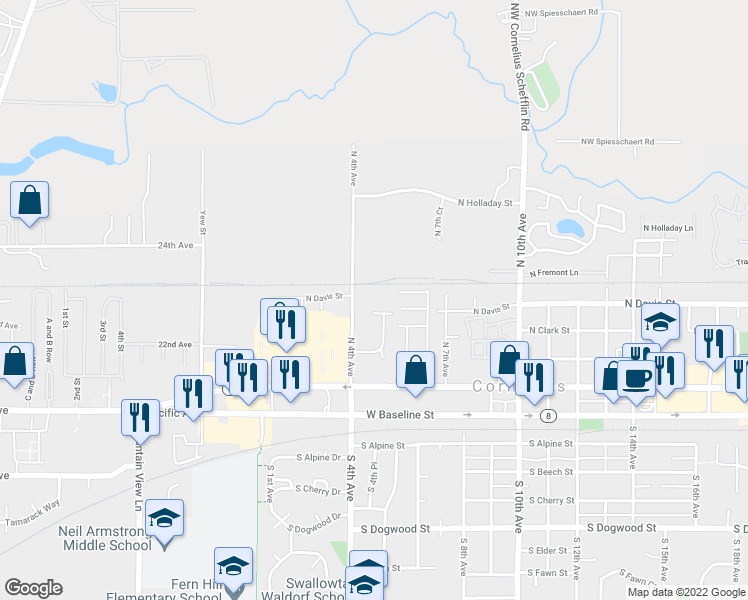 map of restaurants, bars, coffee shops, grocery stores, and more near 432 North 4th Avenue in Cornelius