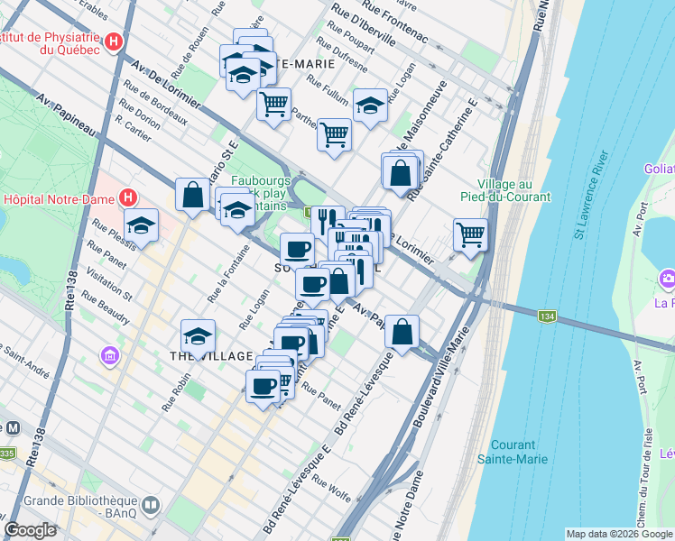 map of restaurants, bars, coffee shops, grocery stores, and more near 1450 Rue Cartier in Montréal