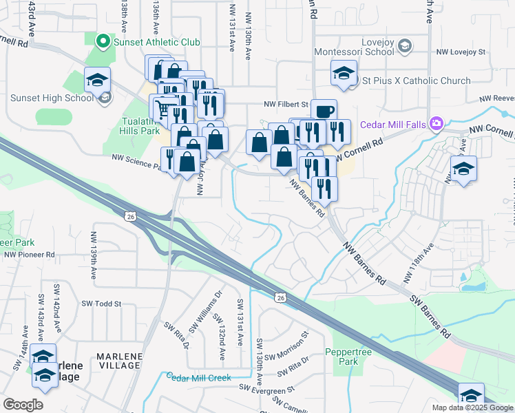 map of restaurants, bars, coffee shops, grocery stores, and more near 13000 Northwest Cornell Road in Portland