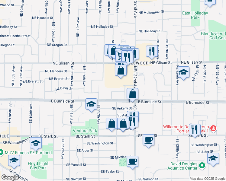 map of restaurants, bars, coffee shops, grocery stores, and more near 11833 Northeast Couch Street in Portland