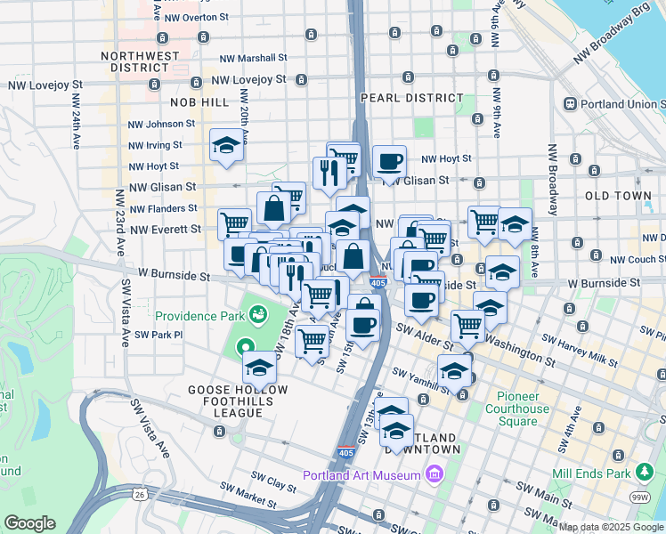 map of restaurants, bars, coffee shops, grocery stores, and more near in Portland